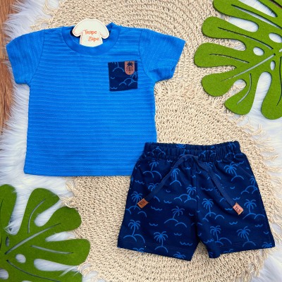 Conj. Camiseta Surf Club e Bermuda em Moletinho Coqueiros - Azul 